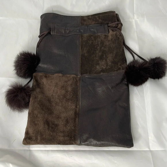 SHOE BAG Dark Chocolate Brown Pom Pom  Drawstring Genuine Leather Fur Patchwork - Picture 7 of 7